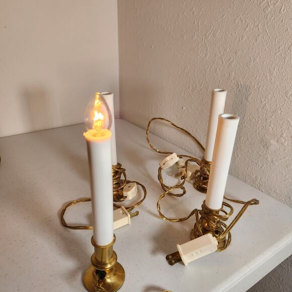 Vintage White and Brass Candle Window Lights 6 inches tall Working 48' Cord - Picture 3 of 9